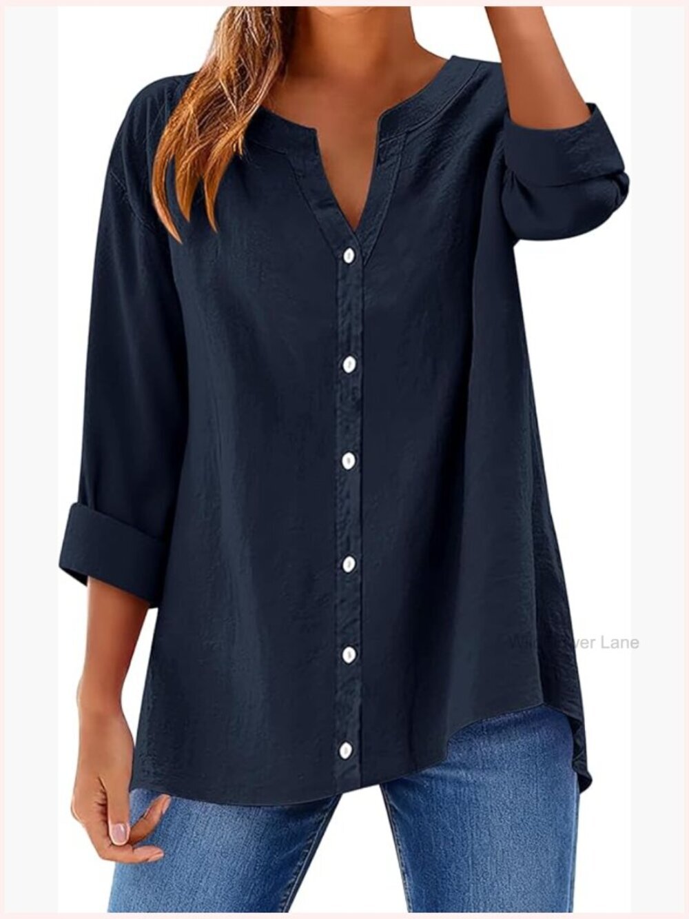 Button Down Shirt Long Sleeve V-Neck Loose Fit Cotton Linen Blouse